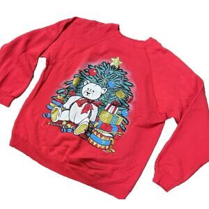 Vtg 1980s Teddy Bear Ugly Christmas Sweater Contest Winner L Tree Red Toys USA